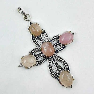 Colgante Cruz Plata de Ley 925 Cuarzo Rosa Piedras Preciosas Joyería Foto 1 de 3