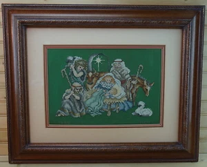 Nativity Manger Jesus Cross-Stitch Completed & Framed, Tripple Mat, 21¾" x 17¾" - Picture 1 of 12