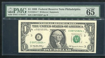 FR. 1924-C* 1999 $1 *STAR* FRN PHILADELPHIA, PA PMG GEM UNCIRCULATED-65EPQ - Image 1 of 2