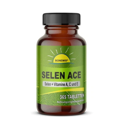 Selen + Vitamine A, C und E. 365 vegane Tabletten ohne Zusätze im Glas, Bonemis®