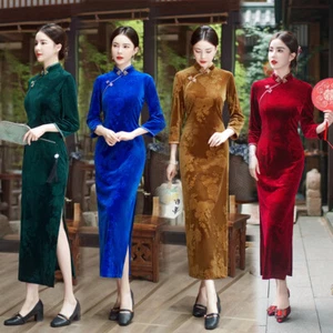 Chinese Traditional Velvet Dress Women Autumn Velvet Cheongsam Evening Qipao - Picture 1 of 8
