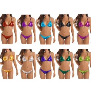 Freebily Womens Shiny Triangle 2 Pieces Swimwear Lace-up Bra Liquid AU - Picture 1 of 134