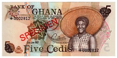 1977 Ghana 5 Cedis P15 Banknote UNC Specimen - Image 1 of 2