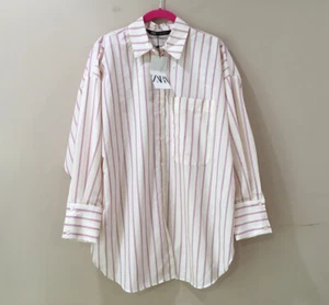 Top camicia donna Zara oversize Oxford a righe rosa bianco nuovo con etichetta classica costiera - Foto 1 di 9