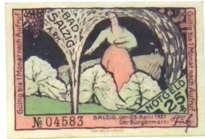 1921 Alemania BAD SALZIG 25 Phennig billete/dinero de emergencia - Imagen 1 de 2