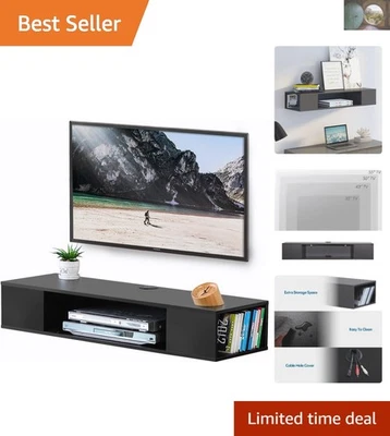 Экономящая место 2-уровневая черная плавающая подставка для телевизора с управлением проводами и хранением - Изображение 1 из 4