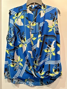 Alfani Women’s Blue Neon Lime Black Tropical Floral Print Drape Top L EUC - Picture 1 of 2
