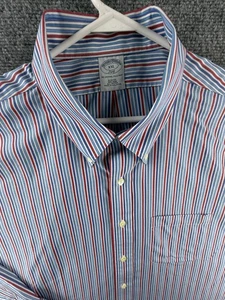 Brooks Brothers 2XL Blue Red Button-Down Cotton Striped Slim Non-Iron Mens Shirt - Foto 1 di 15