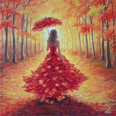 Pintura Original Retrato Impresionista al Óleo Otoño Mujer Moda Naturaleza Arte Foto 1 de 4
