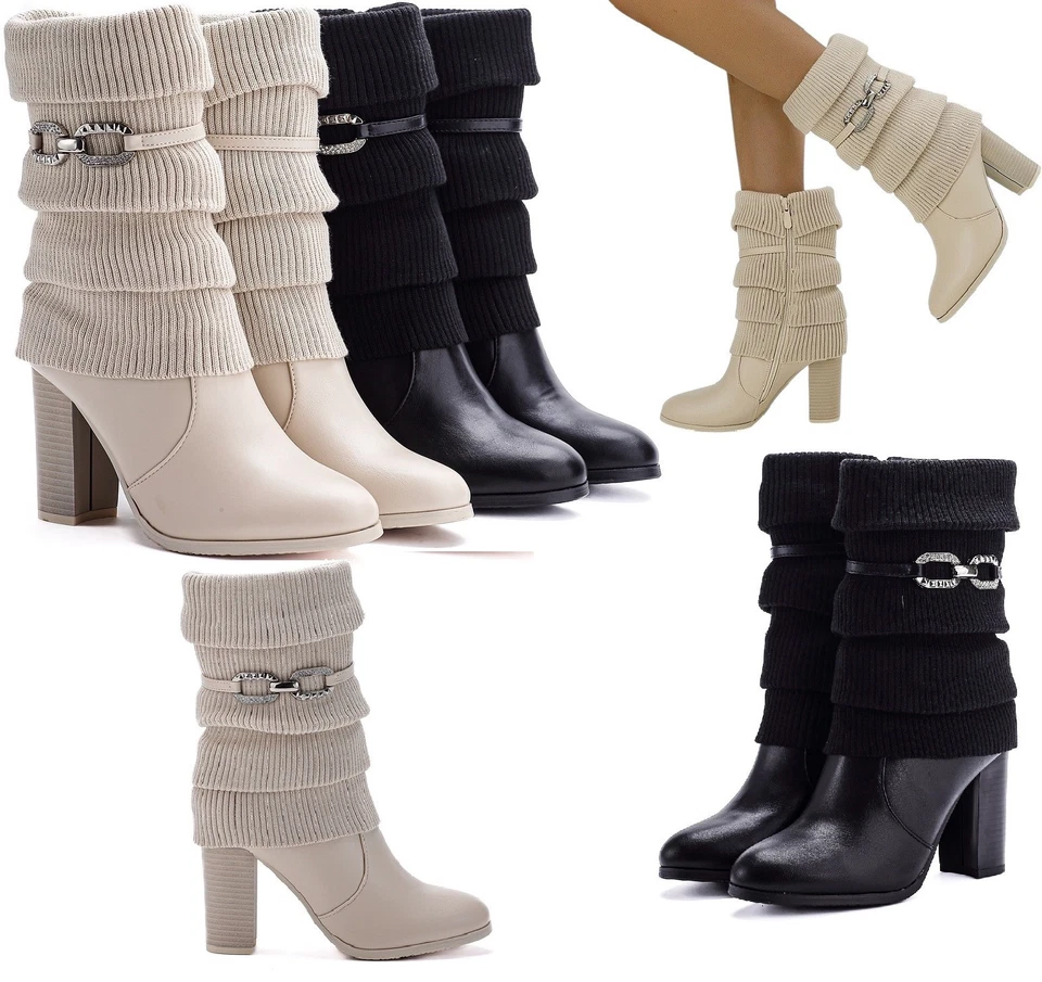 POGOLINO Damen Stiefeletten Strick Stiefel High Heels Absatz Schnalle Stulpe ST570 Neu