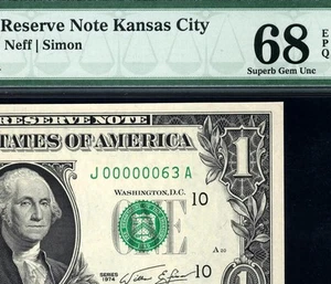 1974 $1 Kansas City *LOW 2-DIGIT SERIAL Federal Reserve Note 1908-J • PMG 68 EPQ - Picture 1 of 3
