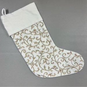 Pottery Barn Sarita Handa White Gold Embroidered Holiday Christmas Stocking NEW - Picture 1 of 4