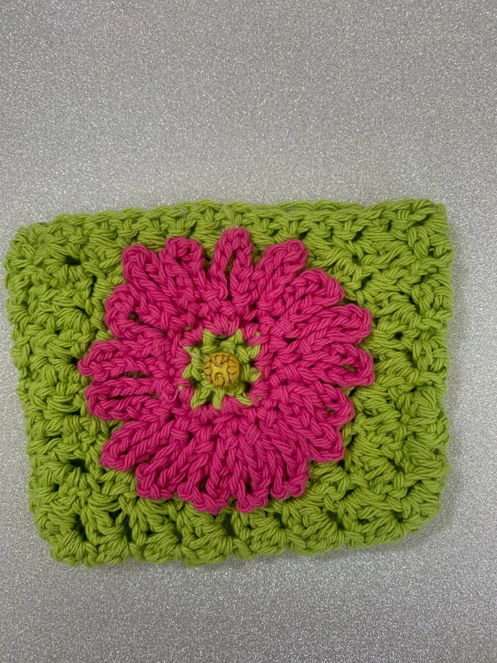 Hand-crocheted makeup/keepsake bag, green with pink flower accent FREE SHIP - Image 1 of 1
