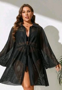 Brnd New Plus Size 22 Black Beach Pool Cover Up Textured Squares - Picture 1 of 5