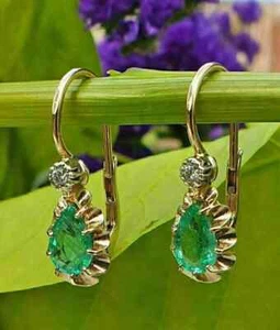 Pendientes de boda estilo art déco creados en laboratorio diamantes esmeralda oro amarillo de 14 quilates FN - Imagen 1 de 6