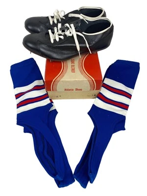 Vintage 60s Baseball Shoes Cleats Metal Black Deadstock Size 8 175 W/ Socks - Image 1 of 4