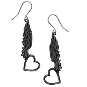Alchemy Gothic Passio Wings of Love Earrings Black Heart Surg Steel Hooks E465 - Picture 1 of 2
