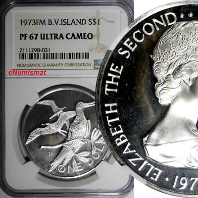 Ilhas Virgens Britânicas prata 1973 FM $1.00 dólar NGC PF67 ULTRA CAMEO KM#6a(1) - Imagem 1 de 4
