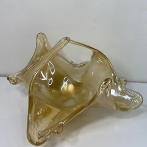 Art Glass Bowl Centerpiece Basket Gold Amber Stretched Handblown Split Handle - Picture 1 of 12