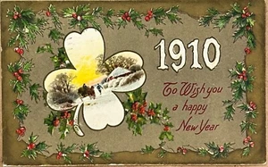New Year 1910 Winter Wagon Clover Holly Antique Postcard - Picture 1 of 5