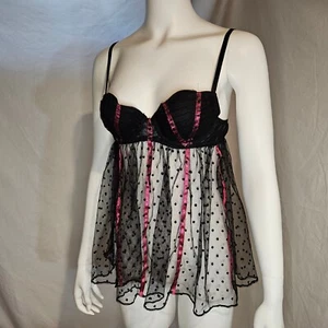 Victoria's Secret Sexy Little Things Babydoll 34B Black Pink Sheer Polka Dot - Picture 1 of 6