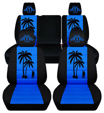 Front+Rear car seat covers blk-med blue palm tree fits JK wrangler 07-18 4dr