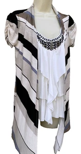 Layered Cardigan Camisole Top Women's M Neutral Jersey Ruffled Beaded Lagenlook - Picture 1 of 12