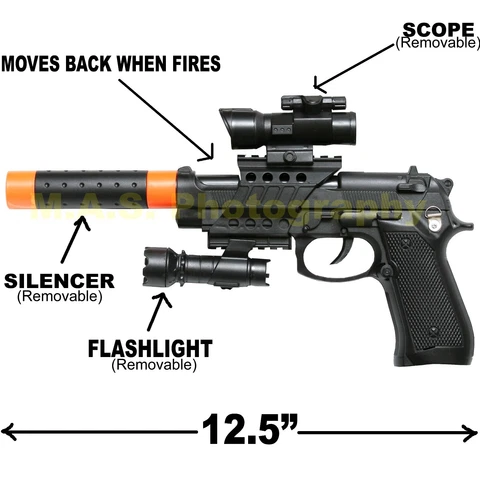 Black Gun Toy With Flashlight, FX Sounds,  M9 Police Pistol,  13 Inches Cover