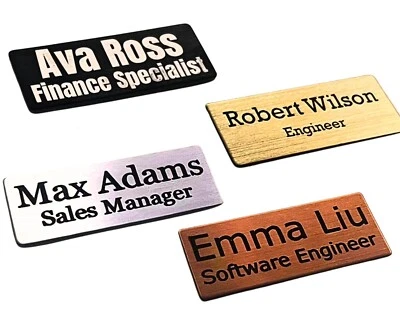 Etiquetas con nombres de metal personalizadas premium, alfiler o imán, insignia con nombre personalizada (2” x 0,8”) Foto 1 de 4