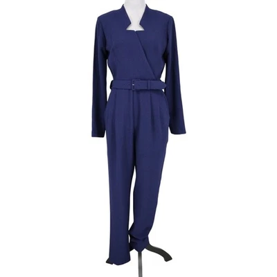 Rachel Zoe Jumpsuit Womens 10 Navy Blue Belted Pockets Faux Wrap Long Sleeve New - Image 1 of 4