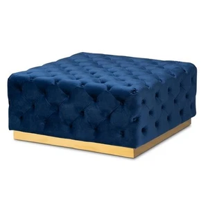 Bowery Hill Royal Blue Velvet Gold Finished Square Cocktail Ottoman - Picture 1 of 7