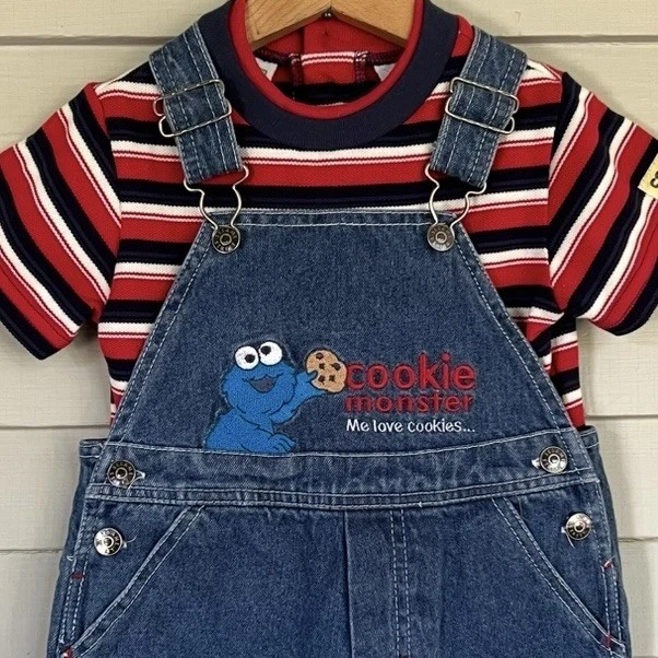 Vintage 90s Sesame Street Cookie Monster Denim Overalls Set Baby Size 24 Months - Image 1 of 4