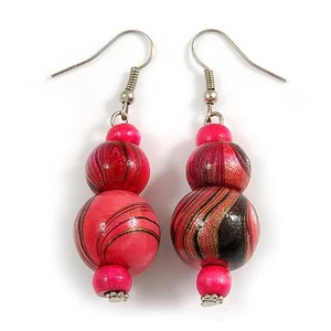 Colour Fusion Wood Bead Drop Earrings Silver Tone Closure/Pink/Black/ 55mm Tall - Picture 1 of 4