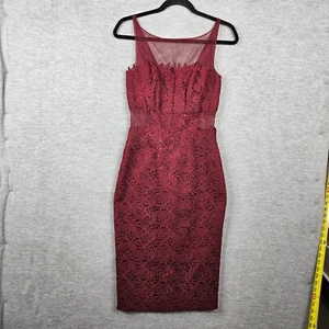 ML Monique Lhuillier Burgundy Lace Sheath Dress Sheer Overlay & Back Zip Size 0 - Picture 1 of 13