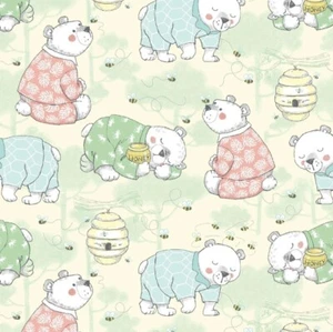 Sleepy Bears on Green and Yellow Comfy Cotton FLANNEL Fabric By The Yard  - Picture 1 of 1