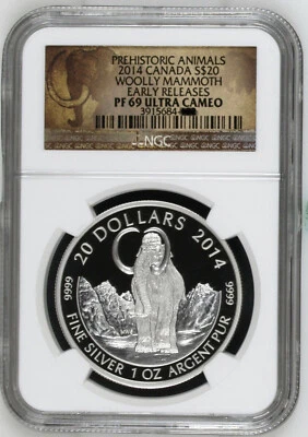 2014 Canada $20 .9999 1 Oz Silver Coin - Woolly Mammoth Prehistoric Animals PF69 - Image 1 of 2
