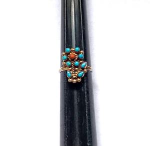 Vintage Sterling Silver Turquoise & Coral Flower Ring Size - 5 - Picture 1 of 7