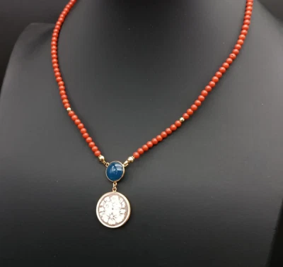 collier donna vero corallo rosso  naturalecammeo agata blu argento 925 - Immagine 1 di 4