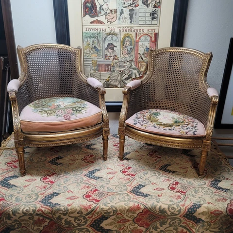 Antique French Louis XVI Pair Childs Chairs W/ Custom Needlepoint Cushions Cover