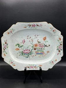 Großer chinesischer Famille Rose Porzellan Blumen Teller Mitte Qing repariert 12 1/2 x 16 Zoll - Bild 1 von 17