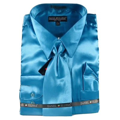 Daniel Ellissa Men's Dress Shirt Turquoise Tie Hanky Satin Sizes 17.5 - 18.5 - Image 1 of 4