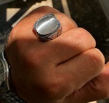 Srebro szterlingowe Kocie oko Szary Kamień księżycowy Unikalny pierścionek męski Ręcznie robiona biżuteria 10,5