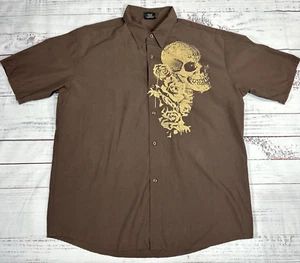 Vtg RockSteady Mens Button Front Short Sleeve Skull Graphic Shirt 2X Brown - Picture 1 of 10