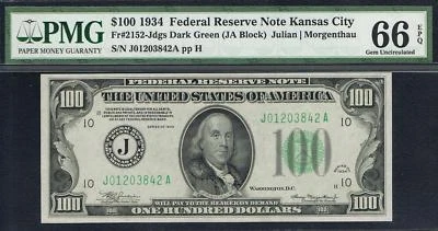 $100 1934 Kansas City FRN. TOP POP NOTE.  PMG 66 EPQ - Image 1 of 3