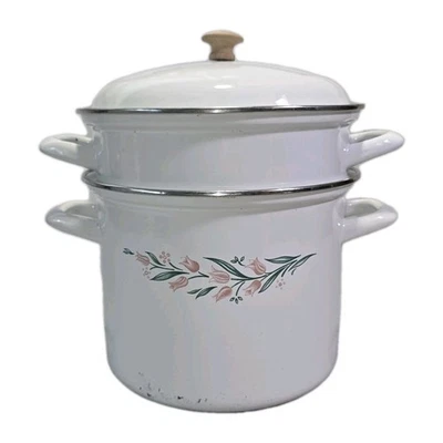 Vintage Corning Corelle Enamelware Pink Floral Pasta Strainer Stock Pot & Lid - Image 1 of 4