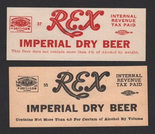 2 diff 4% Rex Imperial Dry Beer Case/Keg Labels, IRTP, Fitger Brewing ...