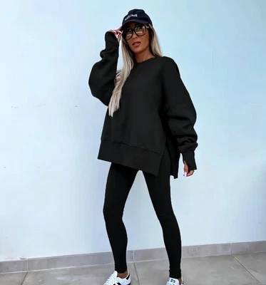 Conjunto de 2 leggings de punto acanalado negro TikTok sudadera agujeros para los pulgares talla XL para mujer # Foto 1 de 4