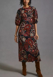 Nuevo con etiquetas Vestido Anthropologie Negro Paisley Kachel Manga Abullonada MIDI, XS - $198 ¡NUEVO! - Imagen 1 de 6