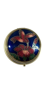 Vintage Cloisonne Pill Box Hummingbird Flower Blue Gold Tone Round Divided - Picture 1 of 10