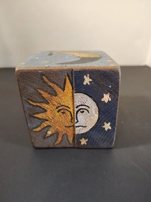 Primitive Hand Painted Solid Wood Block 3 1/2 x 3 1/2 MOON/ STARS Folk Art-Boho - Image 1 of 4